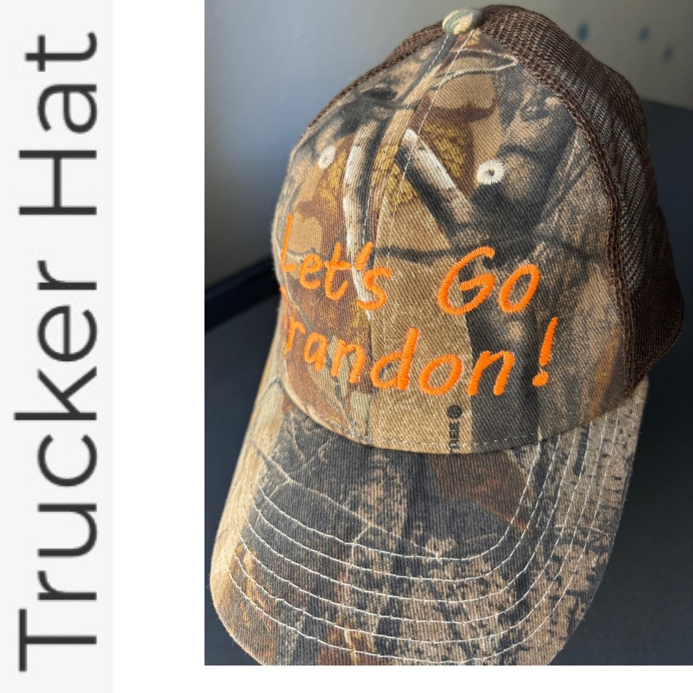 Camo Trucker Hat with Orange Embroidery
Let’s Go Brandon
